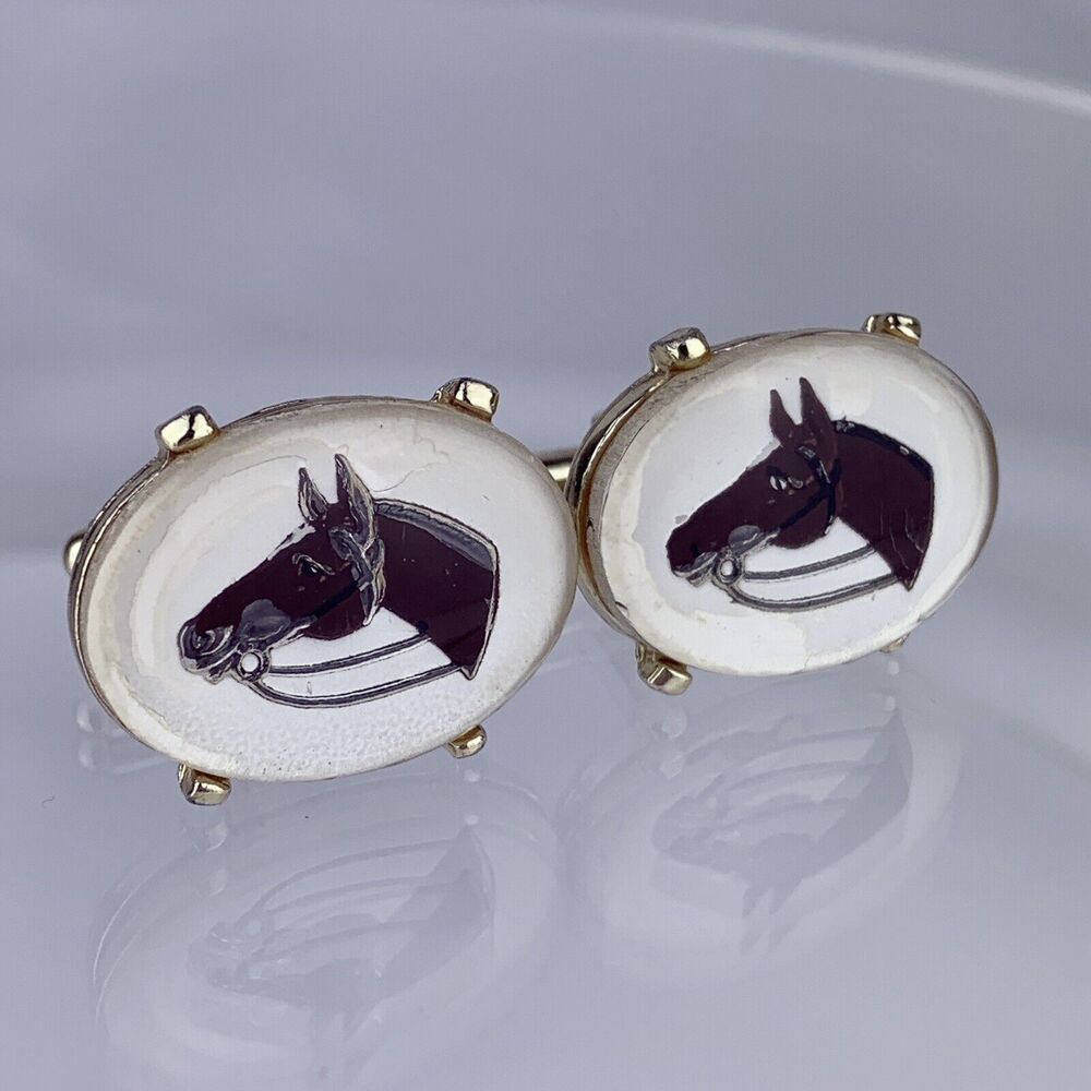 Horse Head Reverse Painted Intaglio Cufflinks Silver Tone Glass Equestrian VTG O